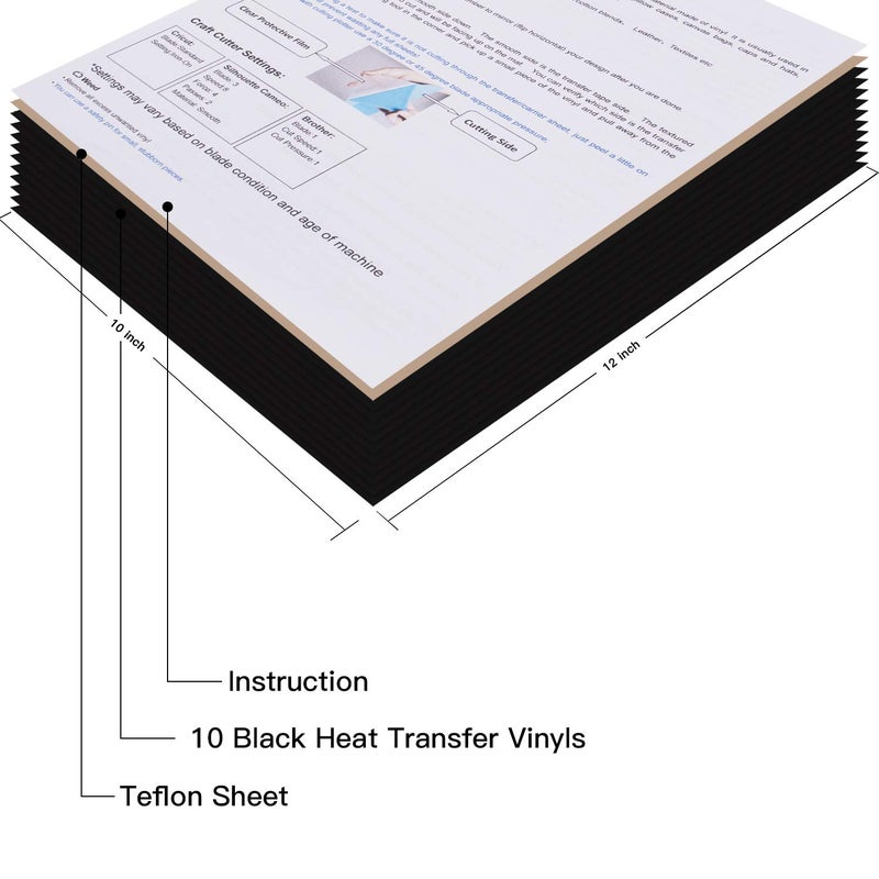 JANDJPACKAGING Black Heat Transfer Vinyl for T- Shirts- 10 Sheets,10"x12" Black HTV Iron On Vinyl for Cricut and Silhouette Cameo Including Teflon Sheet - Image 2
